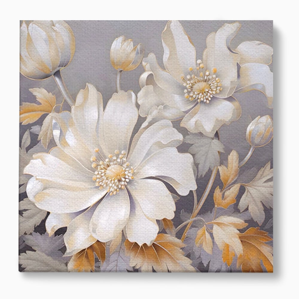 Tablou canvas cu tablou patrat cu flori albe, fara rama, pe sasiu de lemn